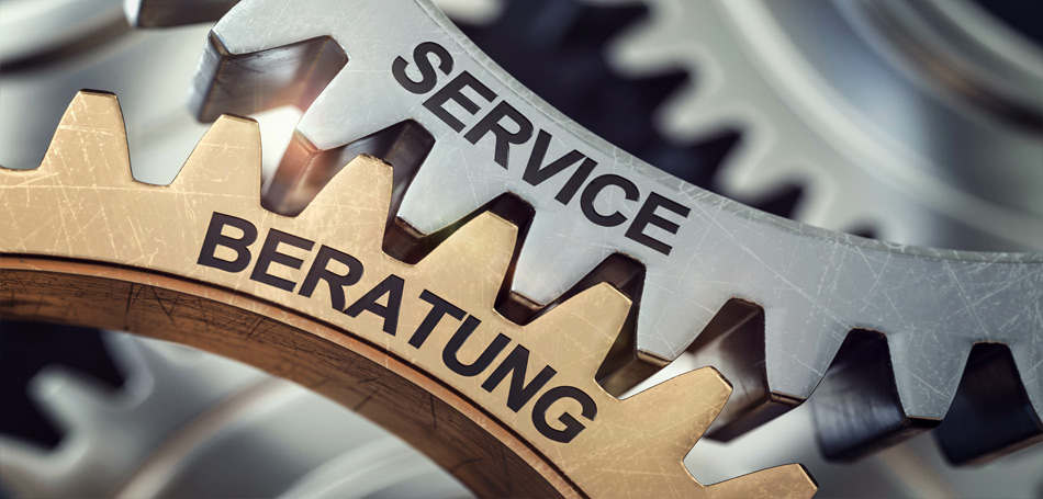 Zahnräder mit den Aufschriften SERVICE und BERATUNG.